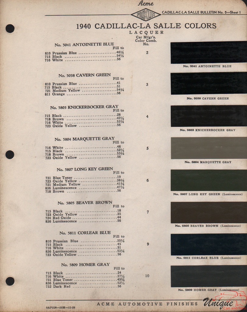 1940 Cadillac Paint Charts Acme 1